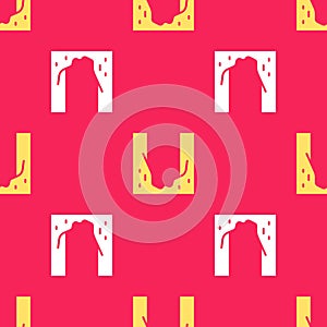 Yellow Cemetery digged grave hole icon isolated seamless pattern on red background. Vector