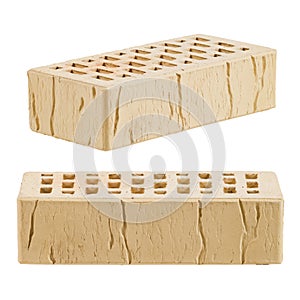 Yellow ceramic brick is isolated on a white background. Decorative pattern is old cracks