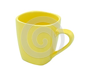 Yellow ceramic coffee cup modern style. Isolated on white background with clipping path. empty kitchen tool can fill hot and cold