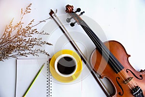 The yellow ceramic coffee cup and pencil put on opened book,beside dried flower and classic violin with bow