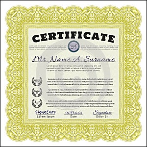 Yellow Certificate diploma or award template.  Nice design.  With great quality guilloche pattern.  Customizable, Easy to edit and