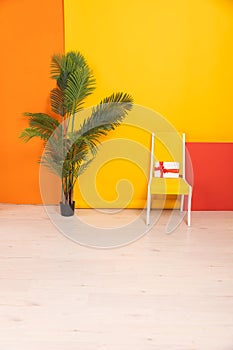 yellow chair with gift decorative flower on yellow orange background in room interior furniture