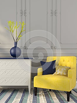 Yellow chair near the white chest of drawers