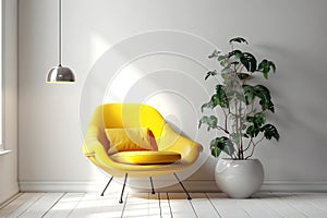 Yellow chair with pillow against window near white pot with houseplant. Scandinavian style home interior design of modern living