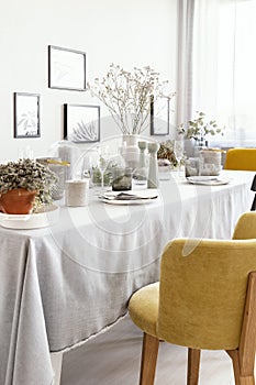 Yellow chair at table with tableware in bright dining room interior with flowers and posters.