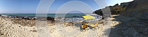 Yellow Chairs And Parasol On Tropical Island Panorama