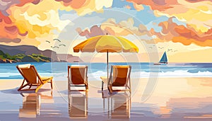 Yellow chaise longue with an umbrella on seashore. Tropical beach on background