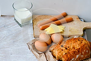 Yellow Cheese, , milk, eggs bread and sausages
