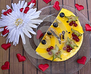 Yellow cheesecake berries red hearts