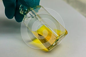 Yellow chemical transparent liquid in clear bottle holding by ch