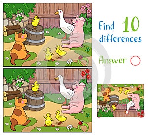 A yellow chicken cheers puppy, pig and ducks with mother duck. Find 10 differences