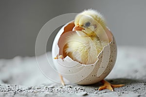 Yellow chicken hatching from egg