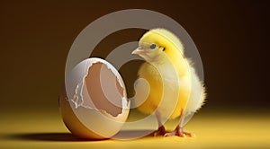 Yellow chicken hatching from egg. Generative AI