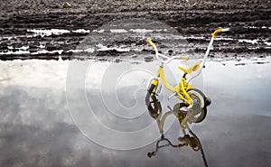 Yellow Childs bike sitting in water in a field.