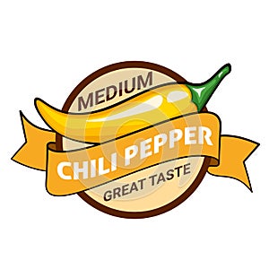 Yellow chili pepper pod, badge or logo design. Medium hotness or spiciness level