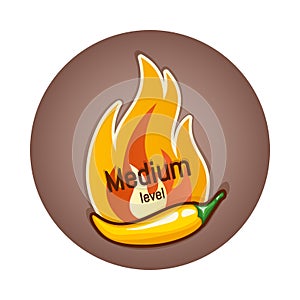 Yellow chili pepper pod and fire flame from behind, badge or logo design. Medium hotness or spiciness level