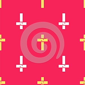 Yellow Christian cross icon isolated seamless pattern on red background. Church cross. Vector