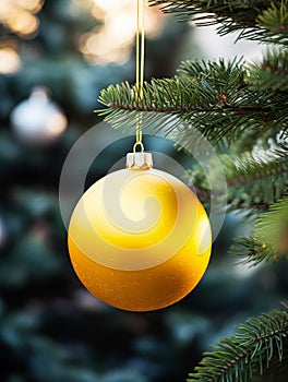 A yellow Christmas ball on a fir branch background