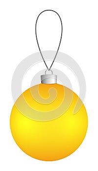 Yellow Christmas ball hanging on a thread isolated on a white background.