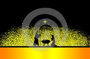 Yellow Christmas greeting card banner background with Nativity Scene.