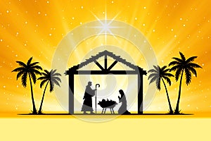 Yellow Christmas greeting card banner background with Nativity Scene