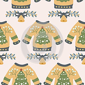 Yellow christmas swater and christmas wreath with globe in a seamless pattern