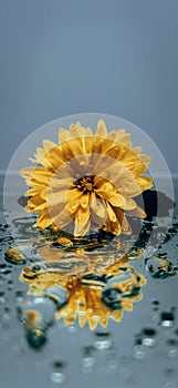 Yellow chrysanthemum flower.  A yellow flower lies on a mirror with water drops on a white background.