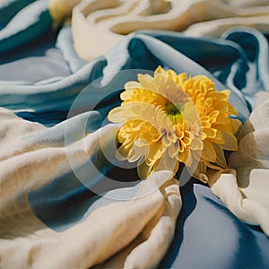 Yellow chrysanthemum on white and blue veil