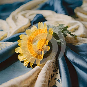 Yellow chrysanthemum on white and blue veil