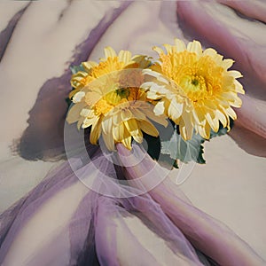 Yellow chrysanthemums on purple veil