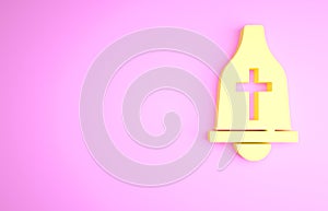 Yellow Church bell icon isolated on pink background. Alarm symbol, service bell, handbell sign, notification symbol