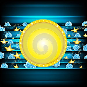 Yellow circle banner on darkblue background with blue snowflakes and golden stars. Vector christmas photo