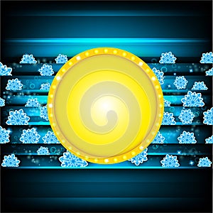Yellow circle banner on darkblue background with blue snowflakes. Vector christmas