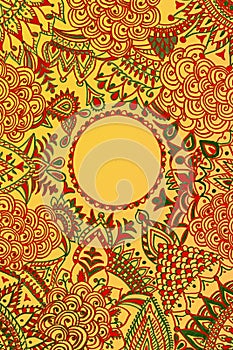 Yellow circle with colorful patterns in red and orange. Abstract digital art.