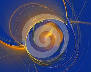 Yellow circles and curves unwinding on blue background.