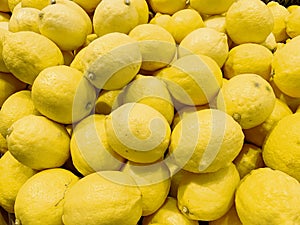 Yellow citrus fruit lemon, many yellow sour lemons lie on the shelfin market, texture photo