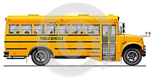 Yellow classic school bus. Side view. American education. Three-dimensional image with carefully traced details.