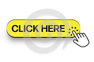 Yellow Click here button with hand pointer clicking icon bubble. Click here, with hand pointing icon in modern flat