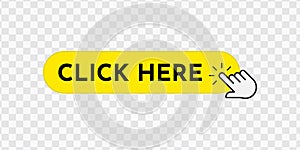 yellow Click here button with hand pointer clicking vector