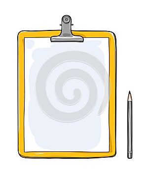 Yellow Clipboard with blank paper and a pencil hand drawn vector