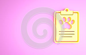 Yellow Clipboard with medical clinical record pet icon isolated on pink background. Health insurance form. Medical check