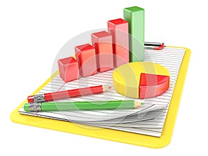 Yellow clipboard, paper, pencils and charts. 3D