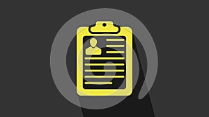 Yellow Clipboard with resume icon isolated on grey background. CV application. Curriculum vitae, job application form