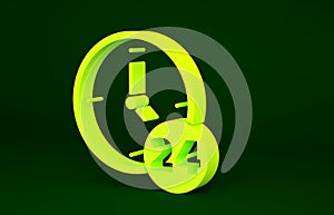 Yellow Clock 24 hours icon isolated on green background. All day cyclic icon. 24 hours service symbol. Minimalism