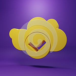 Yellow Cloud with check mark icon isolated on purple background. Cloud storage data protection. Cloud computing