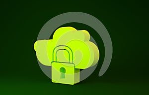 Yellow Cloud computing lock icon isolated on green background. Security, safety, protection concept. Protection of