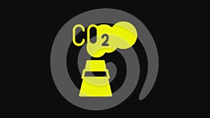 Yellow CO2 emissions in cloud icon isolated on black background. Carbon dioxide formula, smog pollution concept