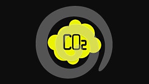 Yellow CO2 emissions in cloud icon isolated on black background. Carbon dioxide formula, smog pollution concept