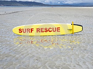 Yellow coast guard rescue surfboard at Narin Beach by Portnoo, County Donegal - Ireland