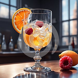 Yellow cocktail in a glass decorated with orange and malaya